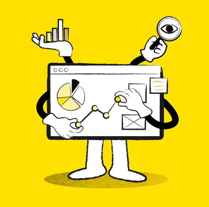 website character analyzing data with charts, graphs, and a magnifying glass.